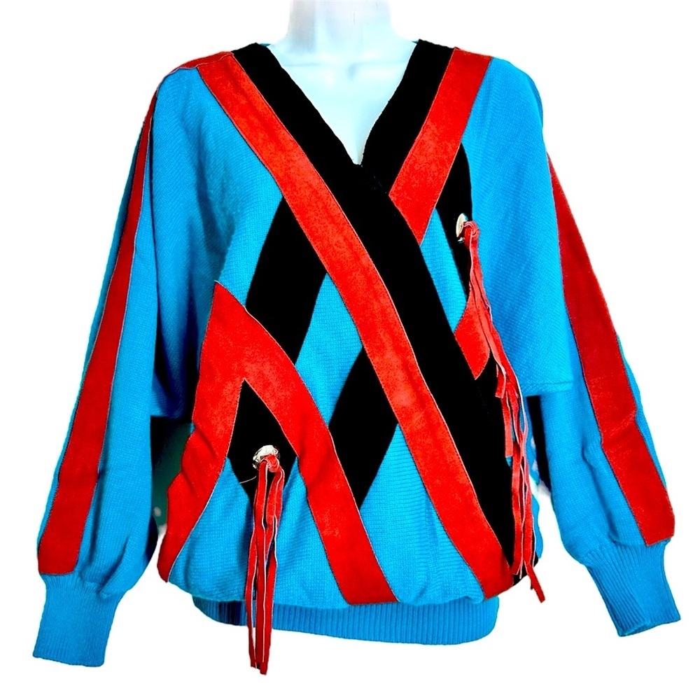Vintage Suede Trim Colorful Western Women's Sweater S/M Tassels